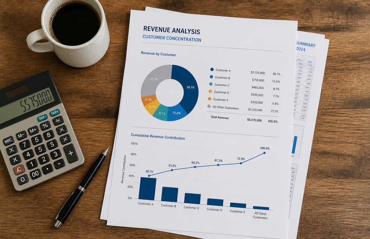A printed revenue analysis showing customer concentration next to a calculator and coffee