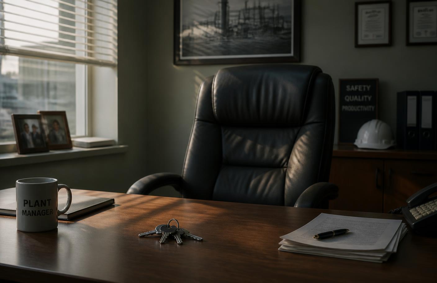 An empty plant manager's desk and chair with keys left behind, morning light through blinds